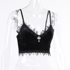 Cute Sexy Black Lace Trim Cross Goth Punk Backless Crop Top Tank Sleeveless Shirt Summer Casual E-Girl Kawaii Korean Japanese Harajuku Streetwear