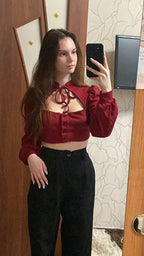 Red V Neck Puff Long Sleeve Shirt