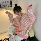Pink Checkered Button Knit Cardigan