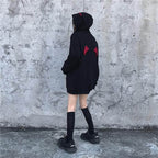 Cute Black Demon Wing Devil Horns Oversized Hoodie Long Sleeve Shirt Sweater Sweatshirt Punk Goth E-Girl Kawaii Korean Japanese Harajuku Streetwear