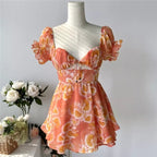 Cute Sweet Floral Print Jumpsuit Chiffon Ruffled Squared Collar Dress Summer Aesthetic Casual E-Girl Kawaii Korean Japanese Harajuku
