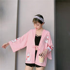 Pink Cat Blouse Kimono Cardigan Cartoon Print Loose Blouse Long Sleeve Shirt T-shirt Top E-Girl Kawaii Korean Japanese Harajuku Streetwear