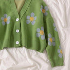 Cute Vintage Flower V Neck Long Sleeve Knit Cardigan Sweater Sweatshirt Pullover Jumper E-Girl Kawaii Korean Japanese Harajuku Streetwear