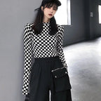 Cute Black White Checkerboard Plaid Long Sleeve Shirt Top Punk Goth Aesthetic Casual E-Girl Kawaii Korean Japanese Harajuku