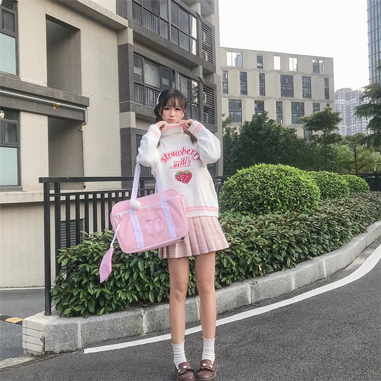 Cute Pastel Pink Strawberry Milk Turtleneck Knit Sweater Sweatshirt Jumper Long Sleeve Pullover E-Girl Kawaii Korean Japanese Harajuku Streetwear