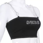 Sexy Black Goth Punk Letter Print Metal Chain Camisole Tank Crop Top Shirt Summer E-Girl Kawaii Korean Japanese Harajuku Retro Streetwear