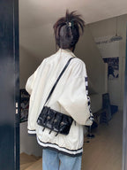 Black PU Leather Checkboard Loose Jacket