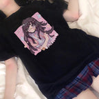 Cute Sweet Vintage Black Anime Girl Cartoon Print Short Sleeve Shirt Oversize Loose T-shirt Top Goth E-Girl Kawaii Korean Japanese Harajuku Streetwear
