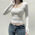 White Lace Trim Square Collar Long Sleeve Shirt