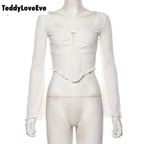 Cute Sexy Transparent See Through Crop Top Long Sleeve Shirt Tee T-shirt E-Girl Kawaii Korean Japanese Harajuku Chinese Retro Streetwear Aesthetic