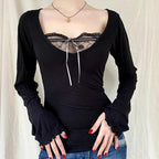 Black Lace Patchwork Long Sleeve Shirt