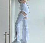 Cute White Lace Hollow Out Side Split High Waist Flare Denim Jeans Pants Trousers Summer Aesthetic Casual E-Girl Kawaii Korean Japanese Harajuku