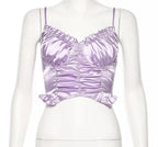 Cute Sexy Purple Silk V Neck Ruffled Blouse Crop Top Shirt Tee T-shirt Kawaii Korean Japanese Harajuku Chinese Retro Streetwear Aesthetic Fashion