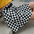 Cute Sexy Checkered Pleated Black White Sash High Waisted Skater Skirt E-Girl Kawaii Korean Japanese Harajuku Streetwear