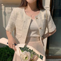 Heart Button Tweed Short Sleeve Blouse