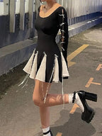 Black Lace Up Splice Fold Bodycon Dress