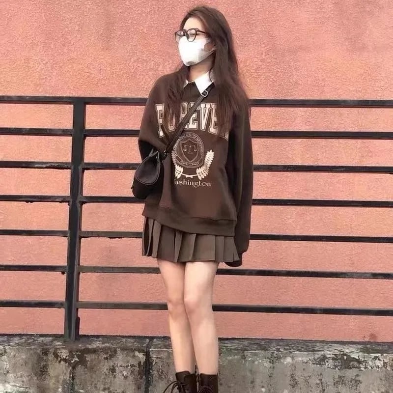 Brown Letter Oversized Long Sleeve Sweater