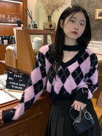 Black & Pink Lattice V Neck Sweater