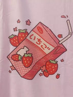 Cute Pink Strawberry Juice Box Graphic Cartoon Print Loose Short Sleeve Short T-shirt Top Casual E-Girl Kawaii Korean Japanese Harajuku Streetwear