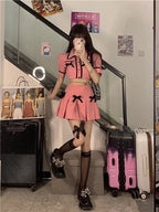 2PCS Pink Plaid Lapel Bow Puff Sleeve Crop Top + Mini Skirt