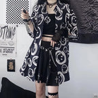 Black Smiley Happy Face Cartoon Print Button Down Oversize Short Sleeve Shirt Goth Aesthetic Casual Summer E-Girl Kawaii Korean Japanese Harajuku
