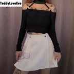 Cute Pink Strapless Ruffle Crop Top Causal Slim Long Sleeve Shirt T-shirt Top Tee E-Girl Kawaii Korean Japanese Harajuku Streetwear