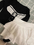 2PCS Long Sleeve Square Collar Top + Mini Tierred Ruffle Skirt