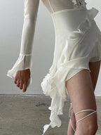 White Ruffle A-Line Chiffon Long Sleeve Flare Dress