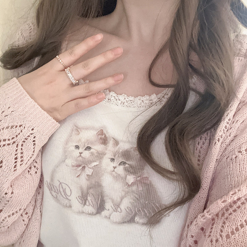 Cat Lace Trim Crop Top