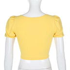 Cute Yellow Flower Embroidery Button V Neck Short Sleeve Shirt Crop Top Cardigan Summer Aesthetic E-Girl Kawaii Korean Japanese Harajuku Streetwear