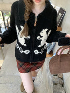 Squirrel Graphic Zipper Sweater