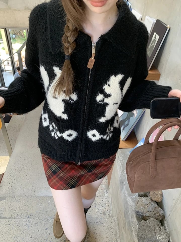 Squirrel Graphic Zipper Sweater