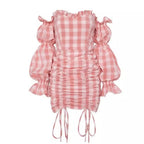 Cute Pink Gingham Plaid Off Shoulder Long Sleeve Drawstring Bodycon Dress Aesthetic Casual Summer E-Girl Kawaii Korean Japanese Harajuku