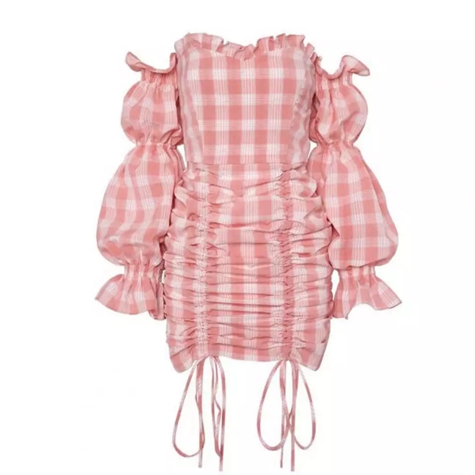 Cute Pink Gingham Plaid Off Shoulder Long Sleeve Drawstring Bodycon Dress Aesthetic Casual Summer E-Girl Kawaii Korean Japanese Harajuku