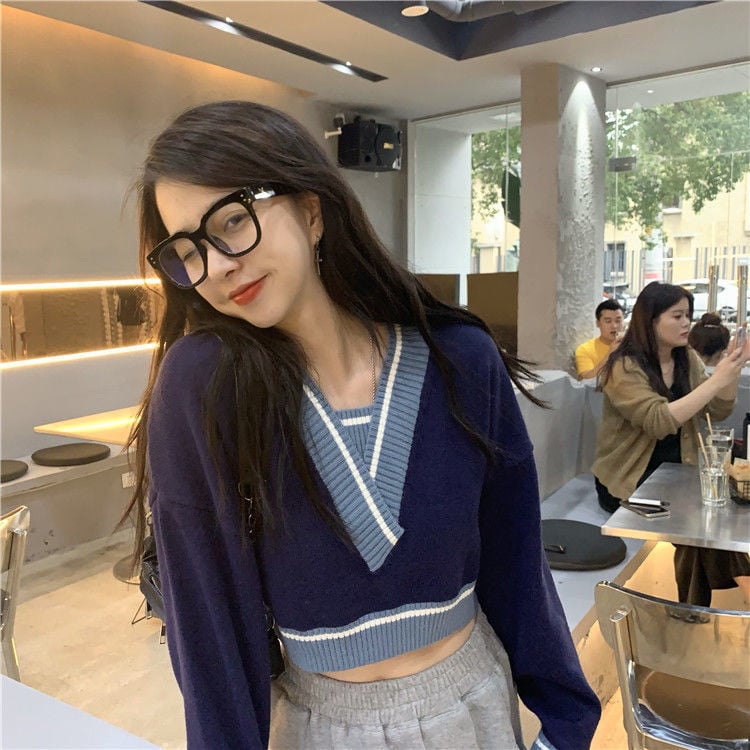 Panelled V Neck Cropped Loose Long Sleeve Jumper