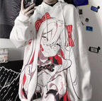 Cute Pink Anime Girl Cartoon Graphic Print Oversized Fleece Hoodie Sweatshirt Aesthetic Casual E-Girl Kawaii Korean Japanese Harajuku