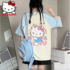 Japanese Cat Print Patchwork Short Sleeve T-shirt