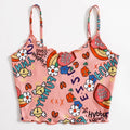 Cute Comic Flower Graphic Print Tank Crop Top Camisole Sleeveless Shirt Summer Casual Aesthetic Goth E-Girl Kawaii Korean Japanese Harajuku Streetwear