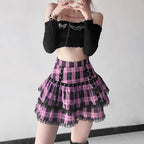 Pink Plaid Pleated Lace Mini Skirt