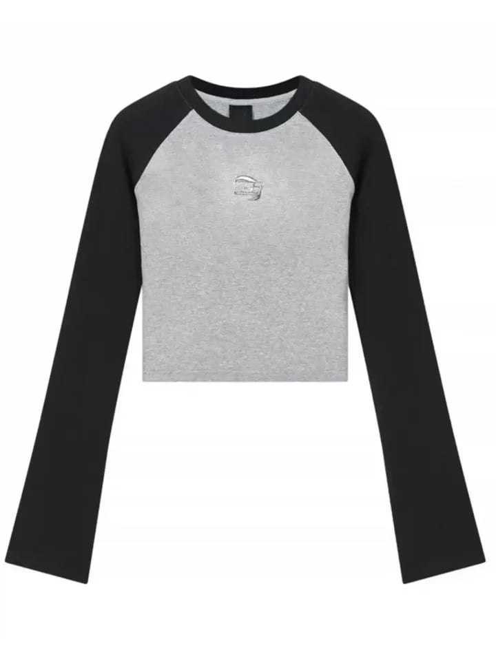 Black & Grey Patchwork Long Sleeve Crop Top
