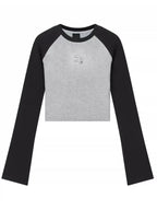 Black & Grey Patchwork Long Sleeve Crop Top
