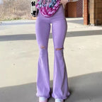 Cute Purple Flare Jeans High Waist Baggy Wide Leg Pants Ripped Trouser Summer Aesthetic Casual E-Girl Kawaii Korean Japanese Harajuku