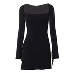 Black Square Neck Long Sleeve Mini Dress