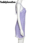 Cute Sexy Plaid Halter V Neck Lace Spaghetti Strap Bodycon Mini Dress Party E-Girl Kawaii Korean Japanese Harajuku Chinese Retro Streetwear Aesthetic