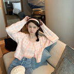 Cute Pastel Candy 2pcs Soft Plaid Knit Cardigan Sweater + Crop Top Vest Aesthetic Casual Summer E-Girl Kawaii Korean Japanese Harajuku