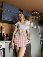 Cute Sexy Solid Color V Neck Tie Up Short Sleeve Crop Top T-shirt Summer Basics E-Girl Kawaii Korean Japanese Harajuku Streetwear