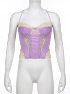 Purple Lace Trim Mesh Halter Top