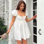 White Puff Sleeve Ruffle Trim Mini Dress