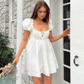 White Puff Sleeve Ruffle Trim Mini Dress