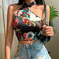 Cute Sexy Dragon Flower Print Halter Sleeveless Backless Crop Tank Top Summer Aesthetic Casual E-Girl Kawaii Korean Japanese Harajuku